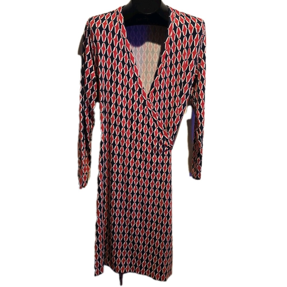 Boden Elodie Faux Wrap Knit Dress Women's Size 12 R V Neck Red Geometric